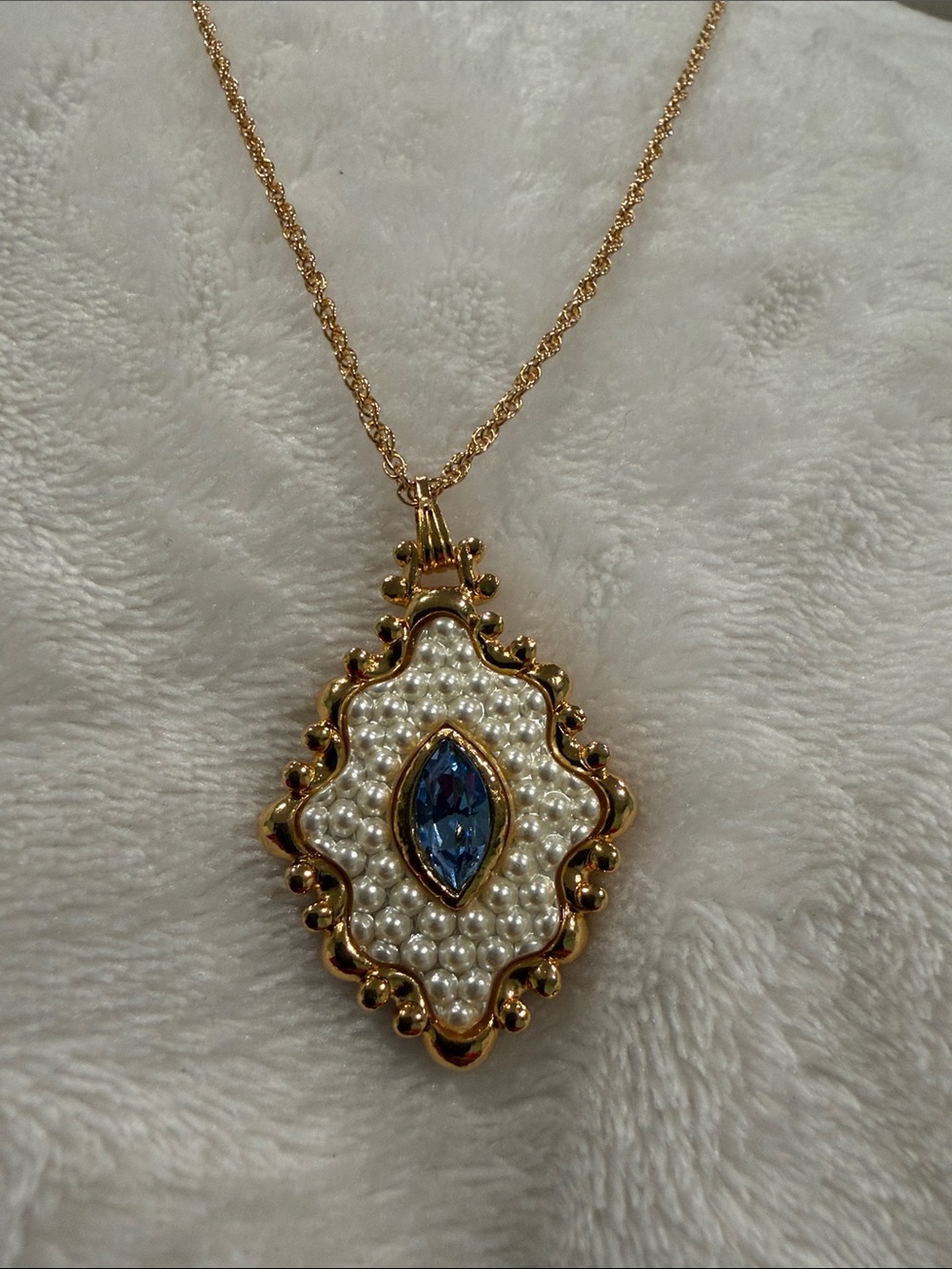 Avon Gold-Tone Pendant Necklace with Blue Marquise Crystal and Faux Pearls